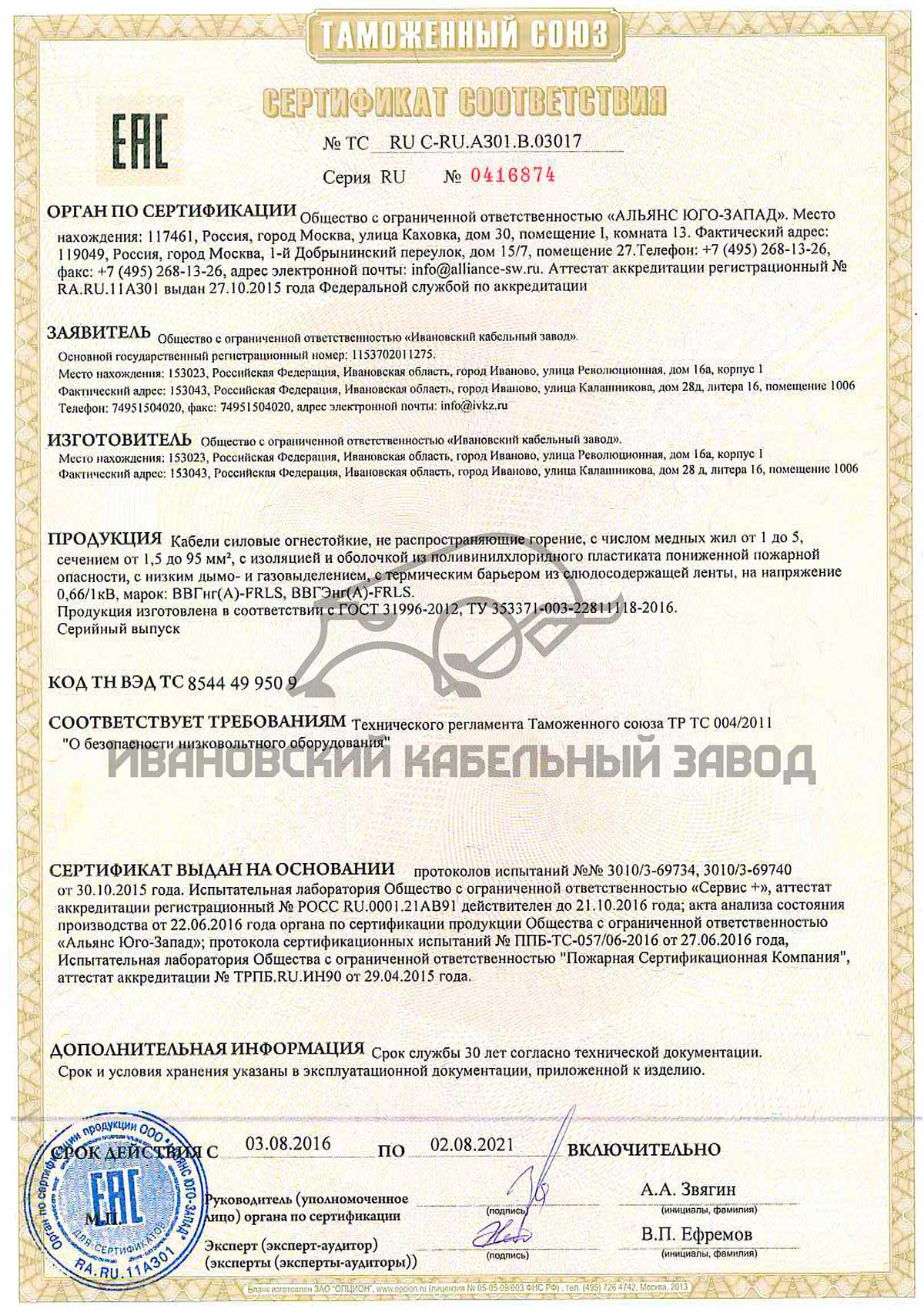 Сертификат на кабель ВВГНГ 3х1.5